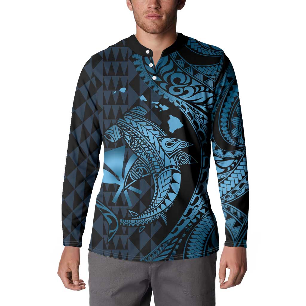 Aloha Hawaii Hammerhead Shark Button Sweatshirt Blue Kakau and Polynesian Tattoo LT03