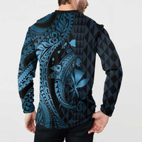 Aloha Hawaii Hammerhead Shark Button Sweatshirt Blue Kakau and Polynesian Tattoo LT03