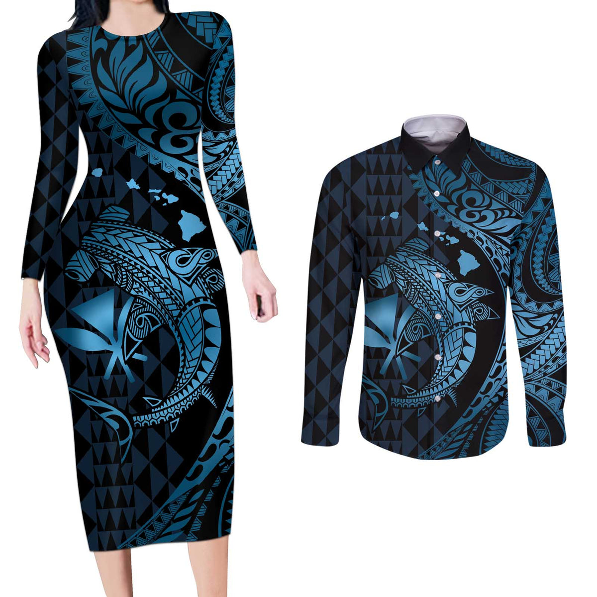 Aloha Hawaii Hammerhead Shark Couples Matching Long Sleeve Bodycon Dress and Long Sleeve Button Shirt Blue Kakau and Polynesian Tattoo LT03 Blue - Polynesian Pride