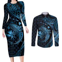 Aloha Hawaii Hammerhead Shark Couples Matching Long Sleeve Bodycon Dress and Long Sleeve Button Shirt Blue Kakau and Polynesian Tattoo LT03 Blue - Polynesian Pride