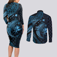 Aloha Hawaii Hammerhead Shark Couples Matching Long Sleeve Bodycon Dress and Long Sleeve Button Shirt Blue Kakau and Polynesian Tattoo LT03 - Polynesian Pride