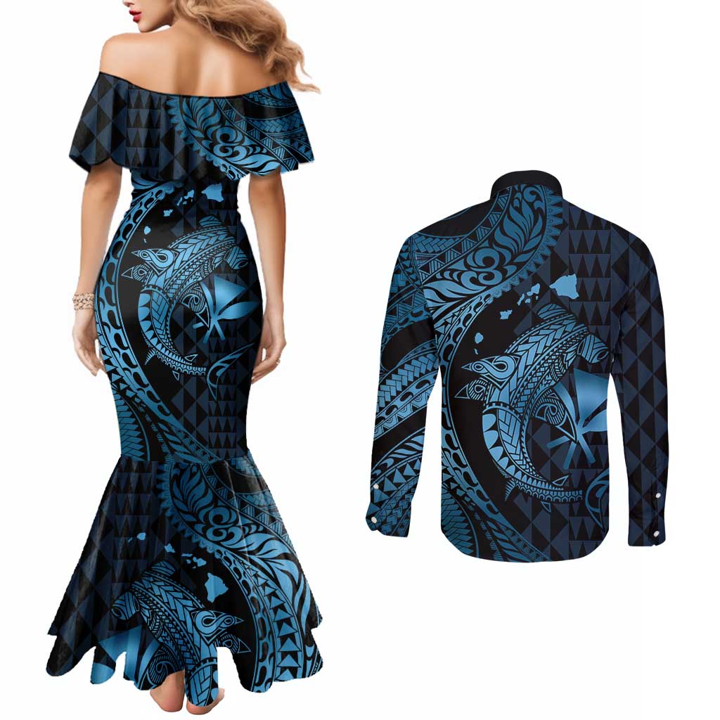Aloha Hawaii Hammerhead Shark Couples Matching Mermaid Dress and Long Sleeve Button Shirt Blue Kakau and Polynesian Tattoo LT03 - Polynesian Pride