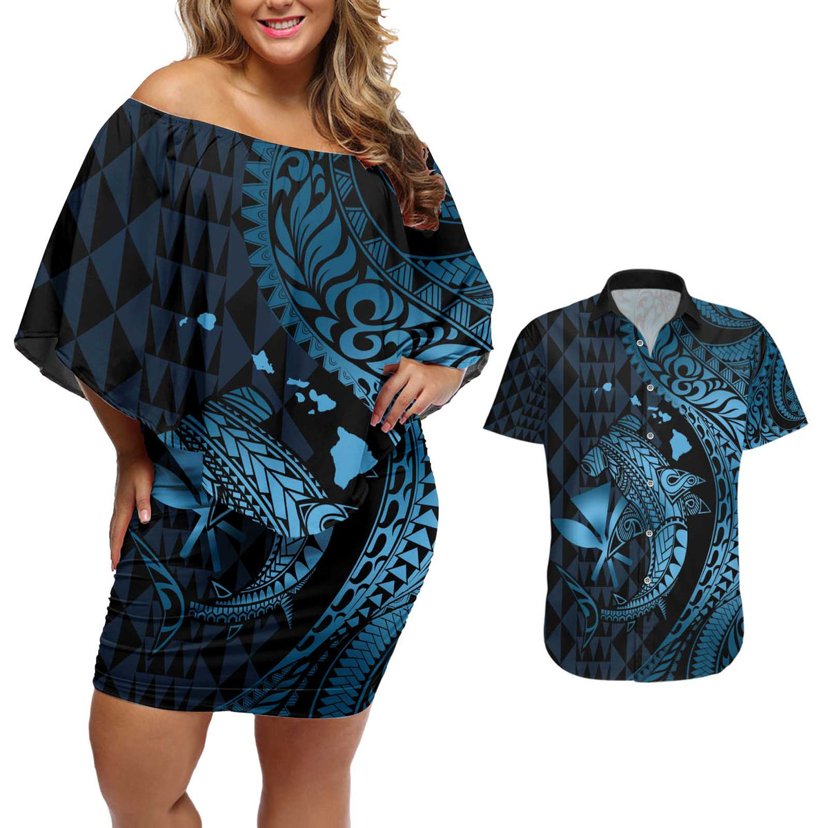 Aloha Hawaii Hammerhead Shark Couples Matching Off Shoulder Short Dress and Hawaiian Shirt Blue Kakau and Polynesian Tattoo LT03 Blue - Polynesian Pride