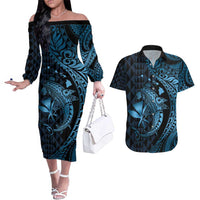 Aloha Hawaii Hammerhead Shark Couples Matching Off The Shoulder Long Sleeve Dress and Hawaiian Shirt Blue Kakau and Polynesian Tattoo LT03