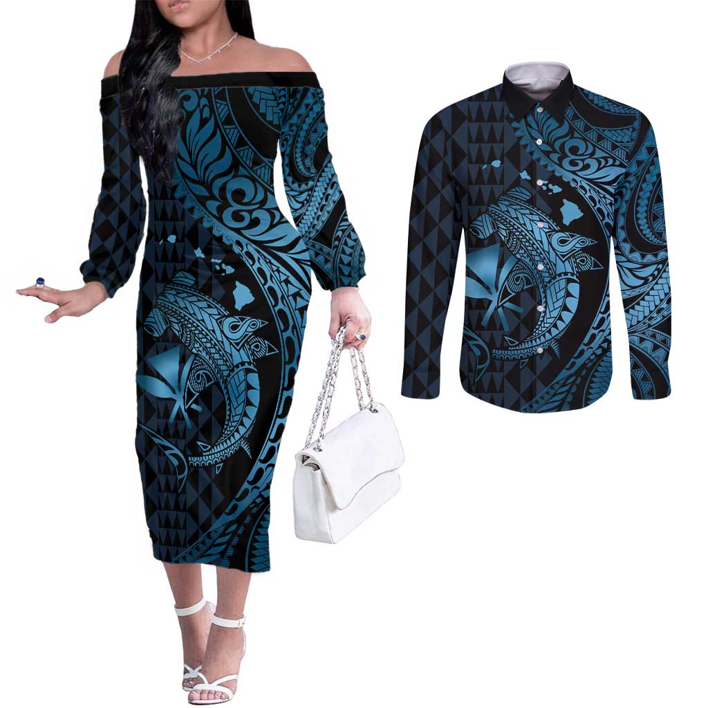 Aloha Hawaii Hammerhead Shark Couples Matching Off The Shoulder Long Sleeve Dress and Long Sleeve Button Shirt Blue Kakau and Polynesian Tattoo LT03 Blue - Polynesian Pride