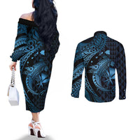 Aloha Hawaii Hammerhead Shark Couples Matching Off The Shoulder Long Sleeve Dress and Long Sleeve Button Shirt Blue Kakau and Polynesian Tattoo LT03 - Polynesian Pride
