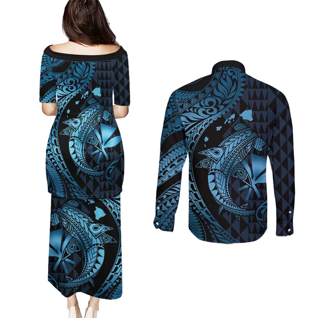Aloha Hawaii Hammerhead Shark Couples Matching Puletasi and Long Sleeve Button Shirt Blue Kakau and Polynesian Tattoo LT03 - Polynesian Pride