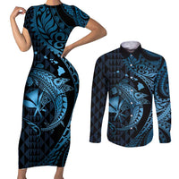Aloha Hawaii Hammerhead Shark Couples Matching Short Sleeve Bodycon Dress and Long Sleeve Button Shirt Blue Kakau and Polynesian Tattoo LT03 Blue - Polynesian Pride