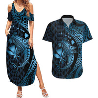 Aloha Hawaii Hammerhead Shark Couples Matching Summer Maxi Dress and Hawaiian Shirt Blue Kakau and Polynesian Tattoo LT03 Blue - Polynesian Pride
