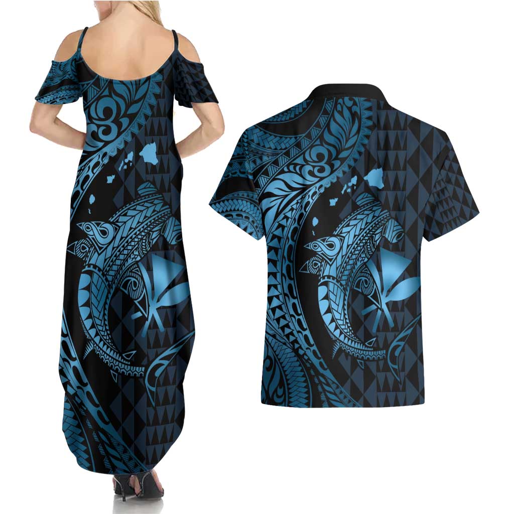 Aloha Hawaii Hammerhead Shark Couples Matching Summer Maxi Dress and Hawaiian Shirt Blue Kakau and Polynesian Tattoo LT03 - Polynesian Pride