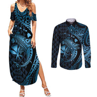 Aloha Hawaii Hammerhead Shark Couples Matching Summer Maxi Dress and Long Sleeve Button Shirt Blue Kakau and Polynesian Tattoo LT03 Blue - Polynesian Pride