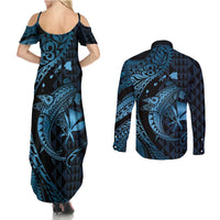 Aloha Hawaii Hammerhead Shark Couples Matching Summer Maxi Dress and Long Sleeve Button Shirt Blue Kakau and Polynesian Tattoo LT03 - Polynesian Pride