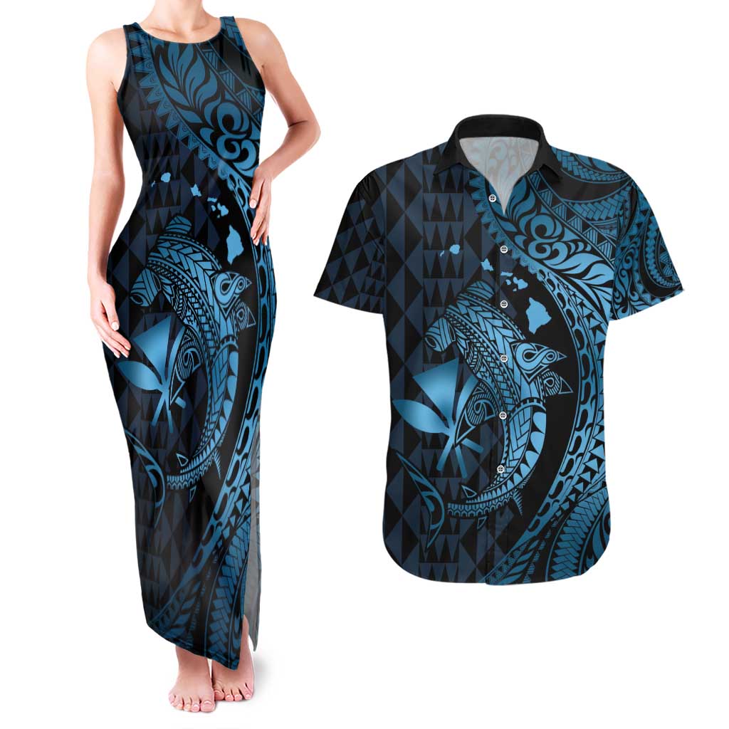 Aloha Hawaii Hammerhead Shark Couples Matching Tank Maxi Dress and Hawaiian Shirt Blue Kakau and Polynesian Tattoo LT03