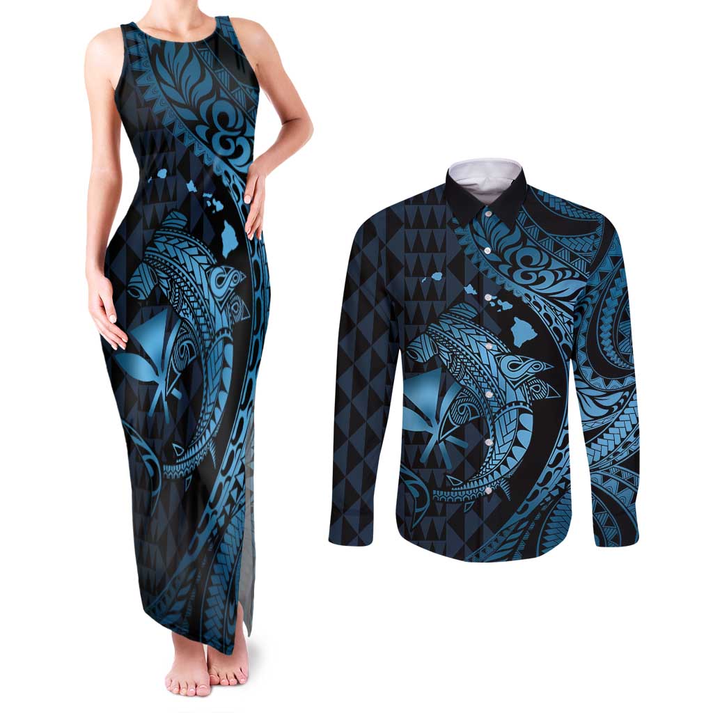 Aloha Hawaii Hammerhead Shark Couples Matching Tank Maxi Dress and Long Sleeve Button Shirt Blue Kakau and Polynesian Tattoo LT03 Blue - Polynesian Pride