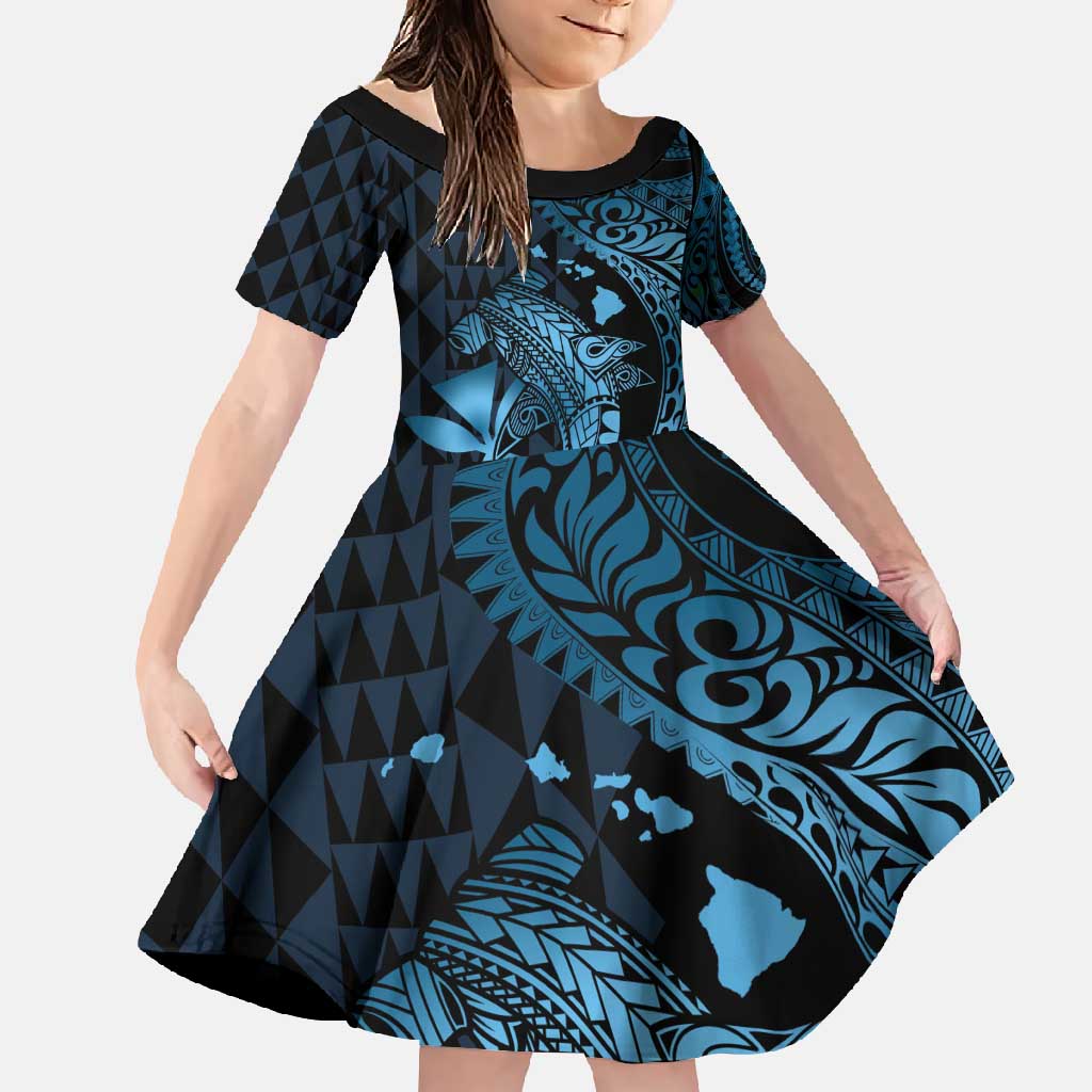 Aloha Hawaii Hammerhead Shark Family Matching Long Sleeve Bodycon Dress and Hawaiian Shirt Blue Kakau and Polynesian Tattoo LT03 Daughter's Dress Blue - Polynesian Pride