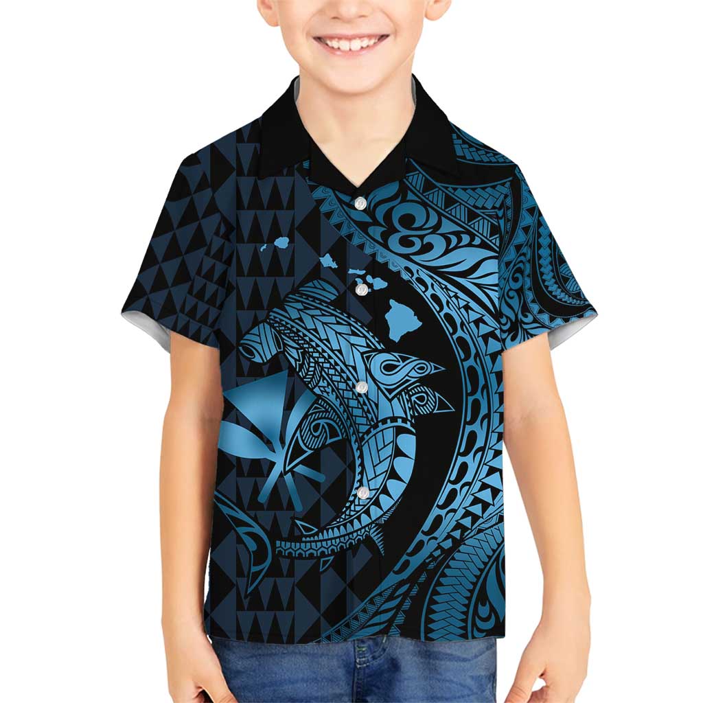 Aloha Hawaii Hammerhead Shark Family Matching Long Sleeve Bodycon Dress and Hawaiian Shirt Blue Kakau and Polynesian Tattoo LT03 Son's Shirt Blue - Polynesian Pride