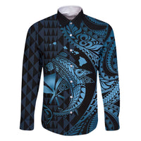 Aloha Hawaii Hammerhead Shark Family Matching Mermaid Dress and Hawaiian Shirt Blue Kakau and Polynesian Tattoo LT03 Dad's Shirt - Long Sleeve Blue - Polynesian Pride