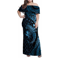 Aloha Hawaii Hammerhead Shark Family Matching Off Shoulder Maxi Dress and Hawaiian Shirt Blue Kakau and Polynesian Tattoo LT03 Mom's Dress Blue - Polynesian Pride