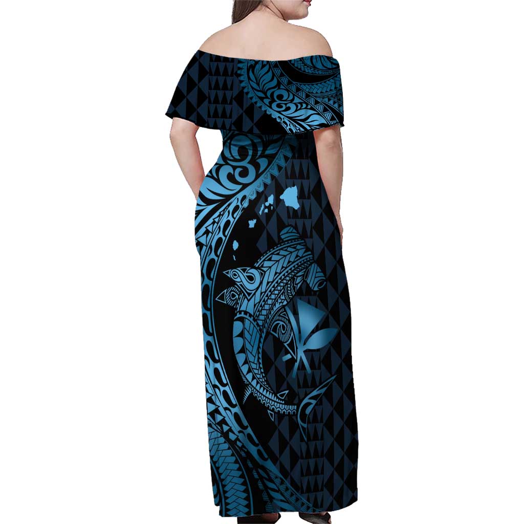 Aloha Hawaii Hammerhead Shark Family Matching Off Shoulder Maxi Dress and Hawaiian Shirt Blue Kakau and Polynesian Tattoo LT03 - Polynesian Pride