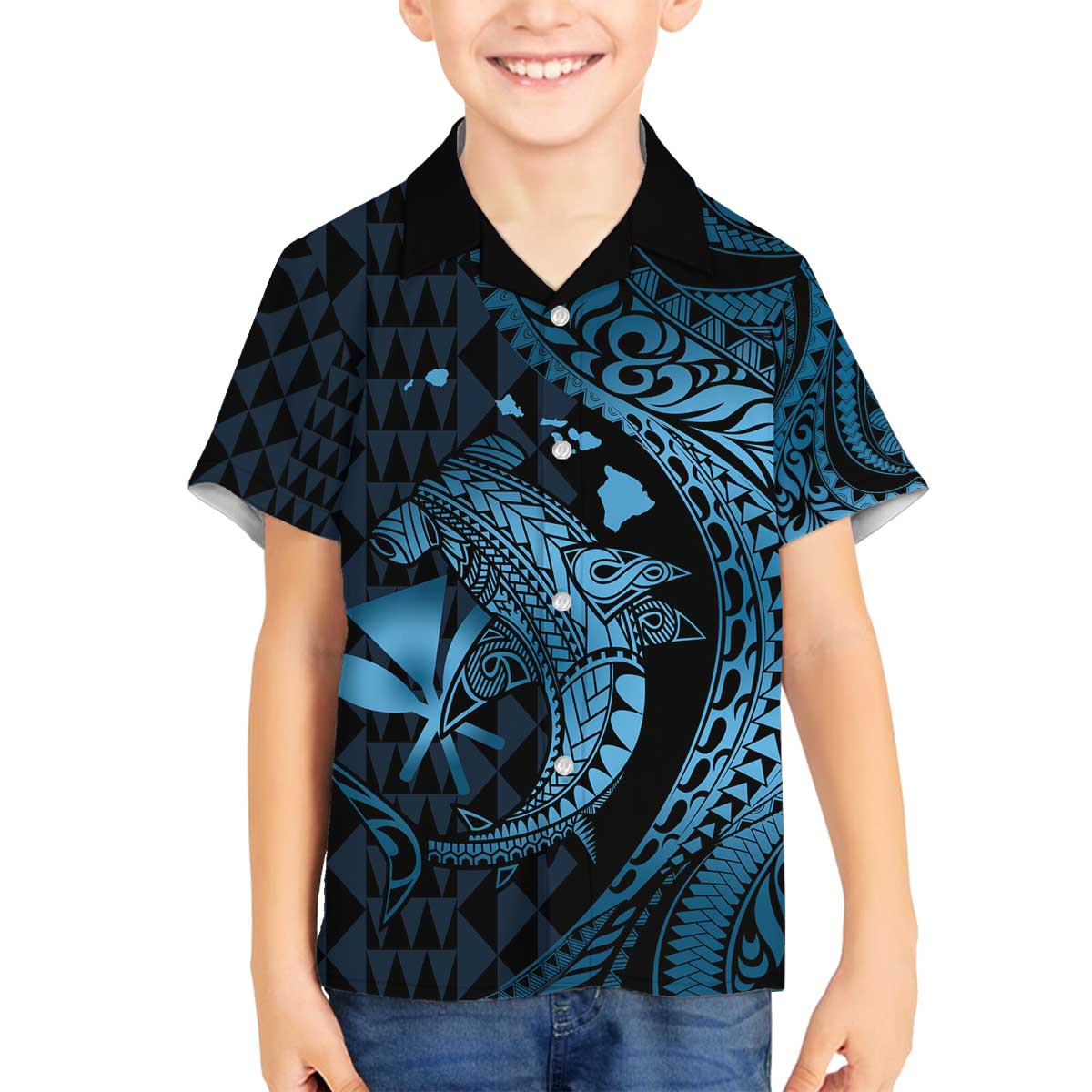 Aloha Hawaii Hammerhead Shark Family Matching Off Shoulder Short Dress and Hawaiian Shirt Blue Kakau and Polynesian Tattoo LT03 Son's Shirt Blue - Polynesian Pride