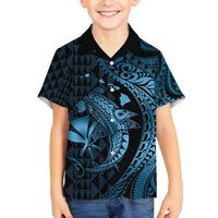 Aloha Hawaii Hammerhead Shark Family Matching Off Shoulder Short Dress and Hawaiian Shirt Blue Kakau and Polynesian Tattoo LT03 Son's Shirt Blue - Polynesian Pride