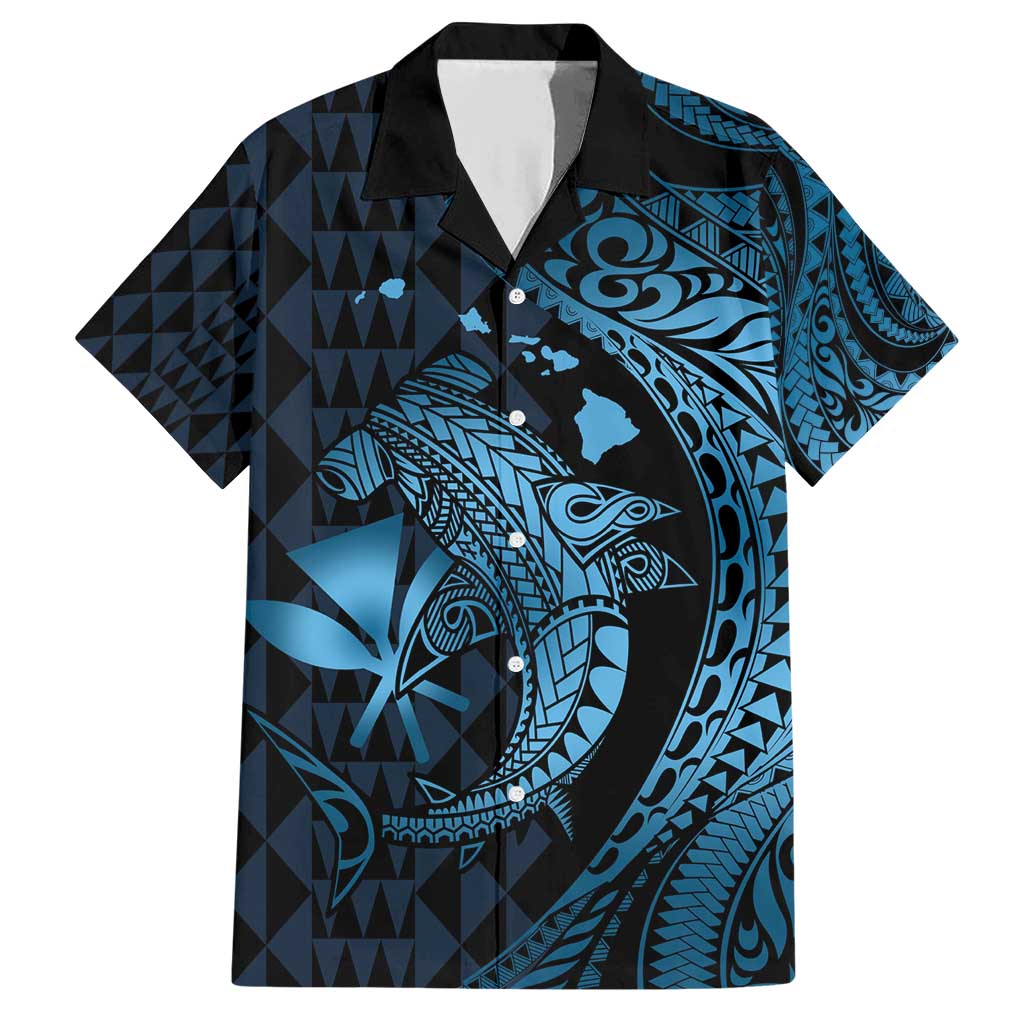Aloha Hawaii Hammerhead Shark Family Matching Short Sleeve Bodycon Dress and Hawaiian Shirt Blue Kakau and Polynesian Tattoo LT03 Dad's Shirt - Short Sleeve Blue - Polynesian Pride