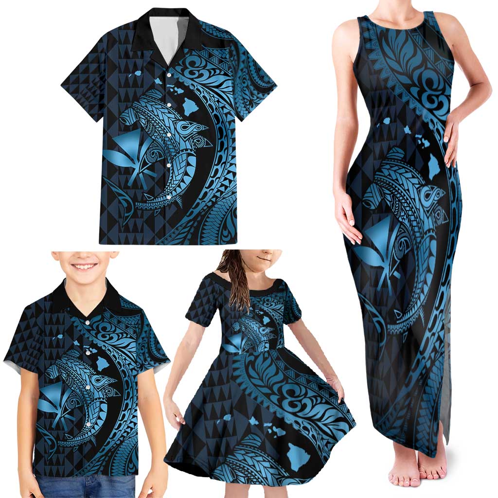 Aloha Hawaii Hammerhead Shark Family Matching Tank Maxi Dress and Hawaiian Shirt Blue Kakau and Polynesian Tattoo LT03