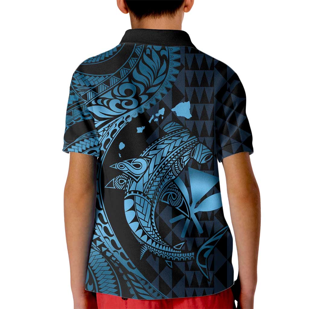 Aloha Hawaii Hammerhead Shark Kid Polo Shirt Blue Kakau and Polynesian Tattoo LT03
