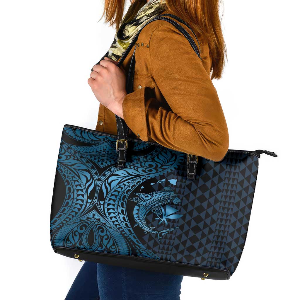 Aloha Hawaii Hammerhead Shark Leather Tote Bag Blue Kakau and Polynesian Tattoo LT03 Blue - Polynesian Pride