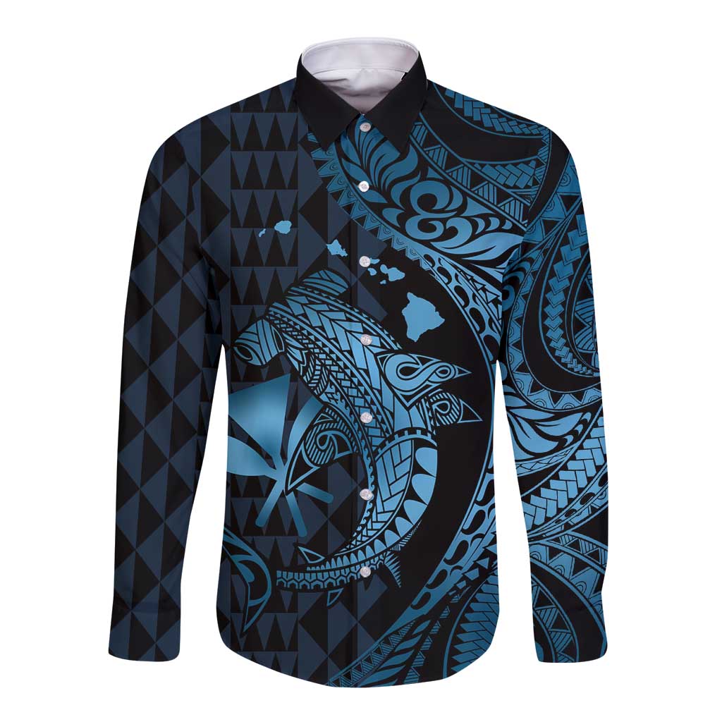 Aloha Hawaii Hammerhead Shark Long Sleeve Button Shirt Blue Kakau and Polynesian Tattoo LT03 Unisex Blue - Polynesian Pride