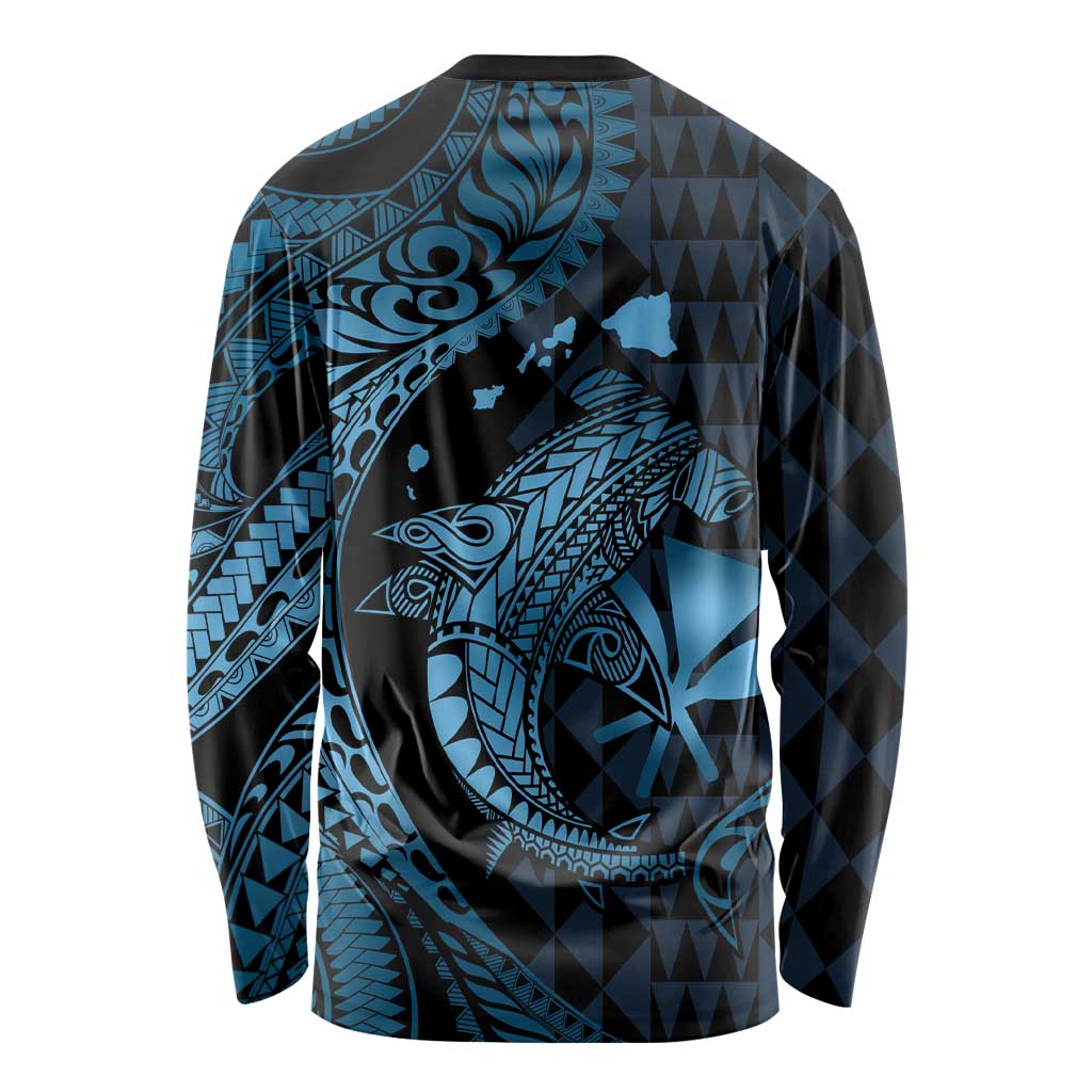 Aloha Hawaii Hammerhead Shark Long Sleeve Shirt Blue Kakau and Polynesian Tattoo LT03