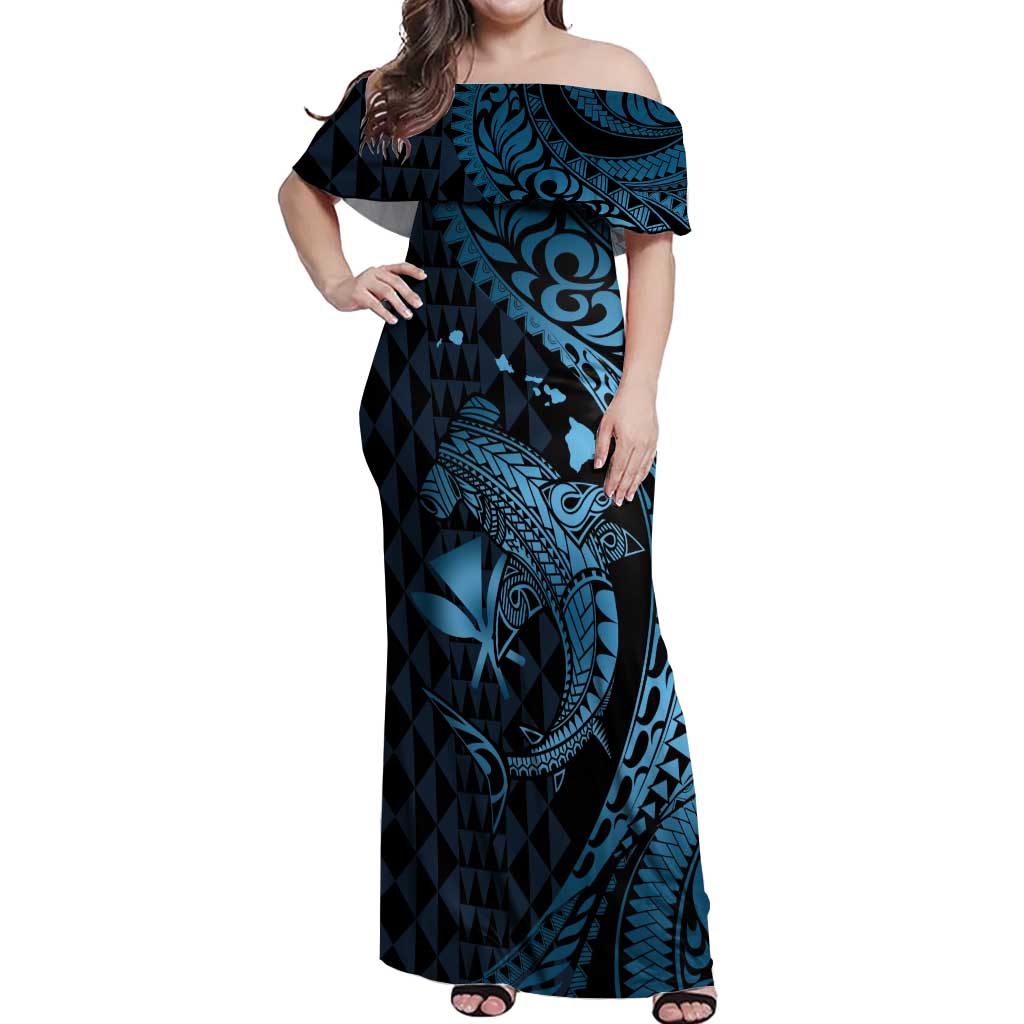 Aloha Hawaii Hammerhead Shark Off Shoulder Maxi Dress Blue Kakau and Polynesian Tattoo LT03