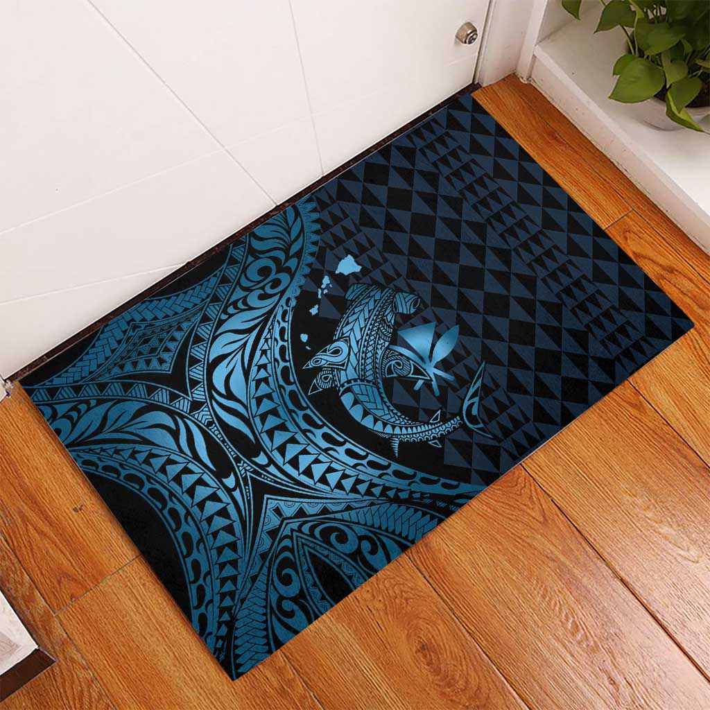 Aloha Hawaii Hammerhead Shark Rubber Doormat Blue Kakau and Polynesian Tattoo LT03