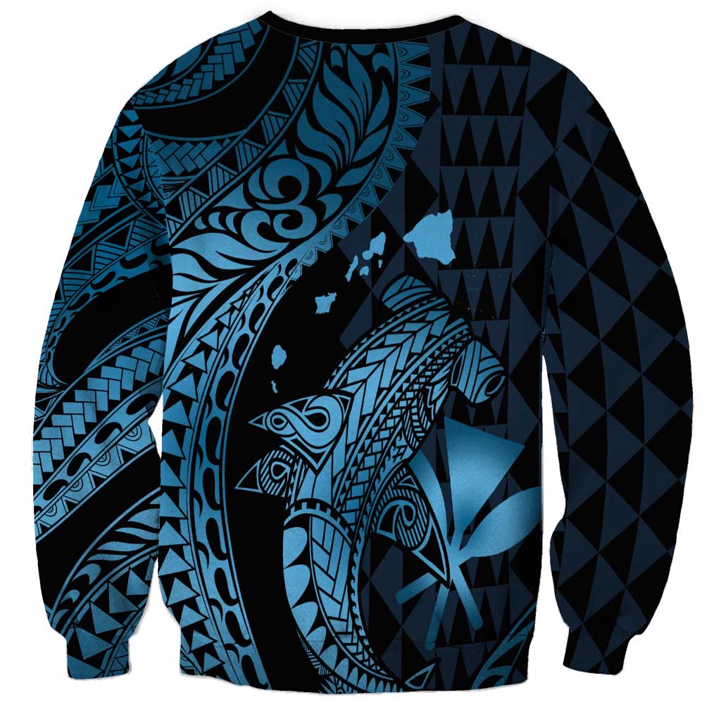Aloha Hawaii Hammerhead Shark Sweatshirt Blue Kakau and Polynesian Tattoo LT03