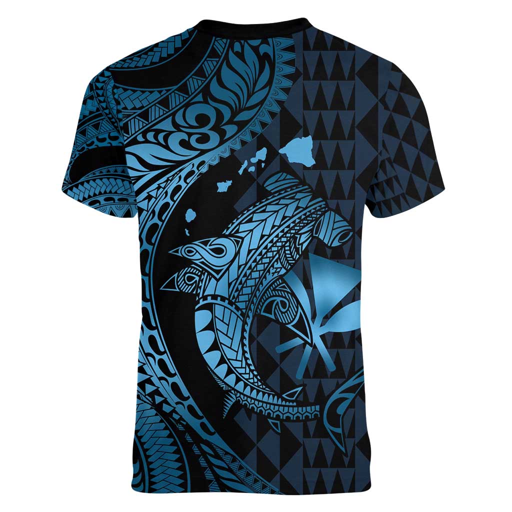 Aloha Hawaii Hammerhead Shark Women V-Neck T-Shirt Blue Kakau and Polynesian Tattoo LT03 - Polynesian Pride