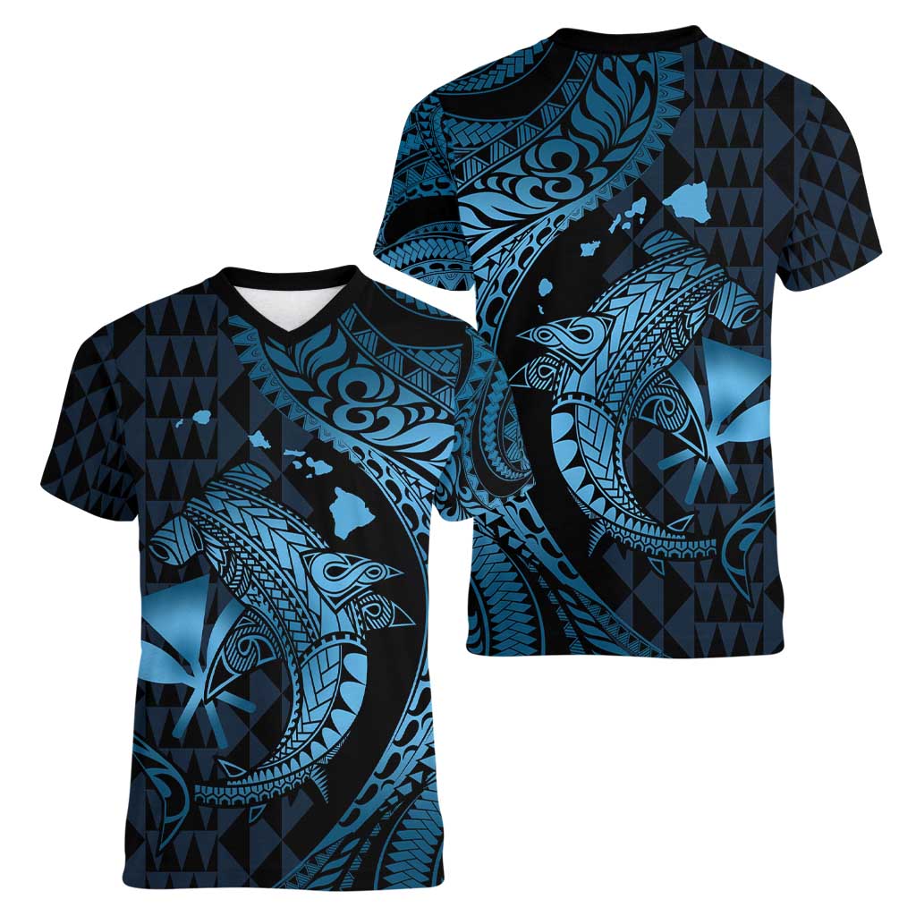 Aloha Hawaii Hammerhead Shark Women V-Neck T-Shirt Blue Kakau and Polynesian Tattoo LT03 - Polynesian Pride