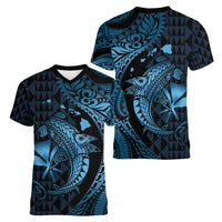 Aloha Hawaii Hammerhead Shark Women V-Neck T-Shirt Blue Kakau and Polynesian Tattoo LT03 - Polynesian Pride