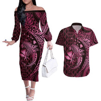 Aloha Hawaii Hammerhead Shark Couples Matching Off The Shoulder Long Sleeve Dress and Hawaiian Shirt Pink Kakau and Polynesian Tattoo LT03