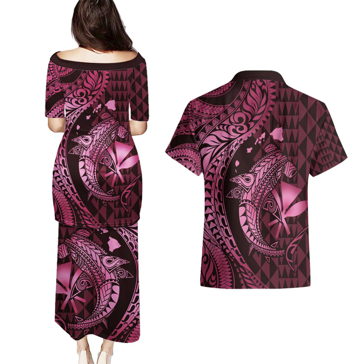 Aloha Hawaii Hammerhead Shark Couples Matching Puletasi and Hawaiian Shirt Pink Kakau and Polynesian Tattoo LT03 - Polynesian Pride