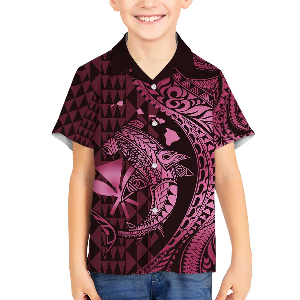 Aloha Hawaii Hammerhead Shark Family Matching Long Sleeve Bodycon Dress and Hawaiian Shirt Pink Kakau and Polynesian Tattoo LT03 Son's Shirt Pink - Polynesian Pride