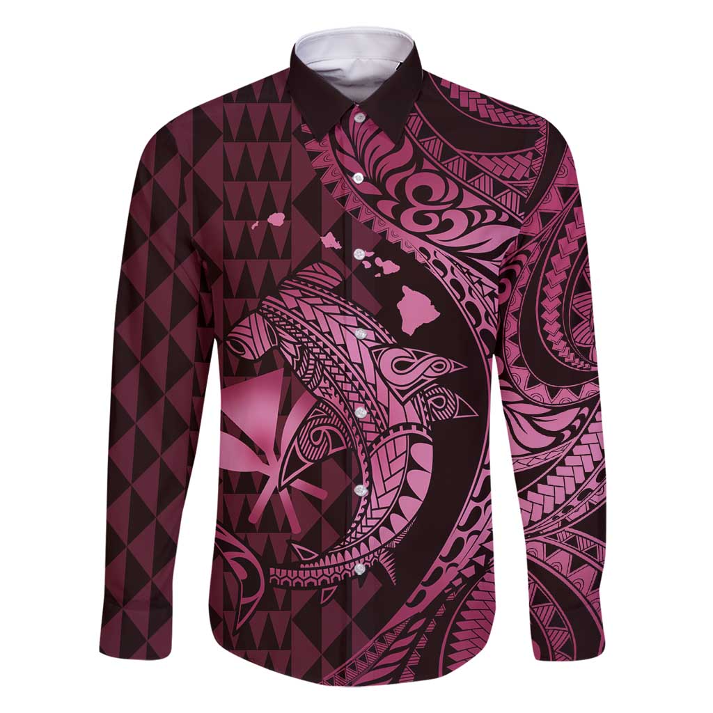 Aloha Hawaii Hammerhead Shark Family Matching Mermaid Dress and Hawaiian Shirt Pink Kakau and Polynesian Tattoo LT03 Dad's Shirt - Long Sleeve Pink - Polynesian Pride