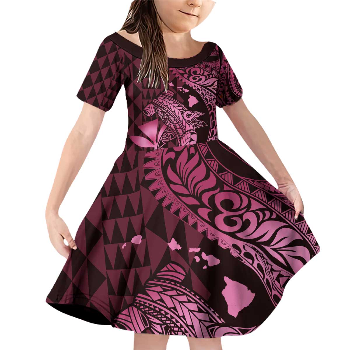 Aloha Hawaii Hammerhead Shark Family Matching Off Shoulder Short Dress and Hawaiian Shirt Pink Kakau and Polynesian Tattoo LT03