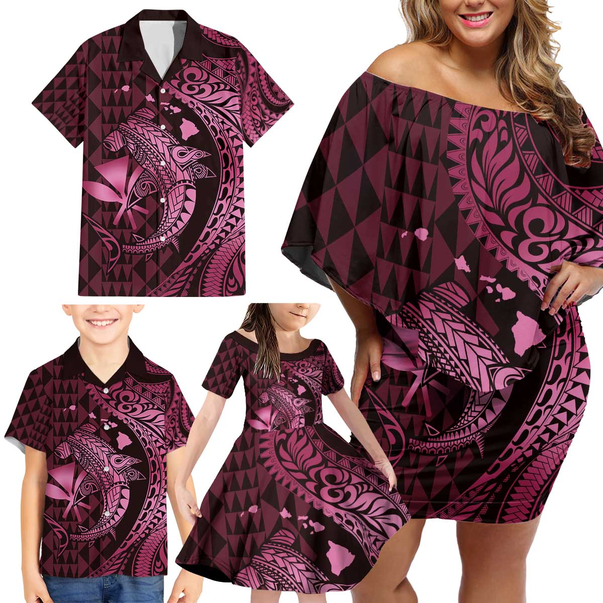 Aloha Hawaii Hammerhead Shark Family Matching Off Shoulder Short Dress and Hawaiian Shirt Pink Kakau and Polynesian Tattoo LT03