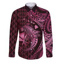 Aloha Hawaii Hammerhead Shark Family Matching Short Sleeve Bodycon Dress and Hawaiian Shirt Pink Kakau and Polynesian Tattoo LT03 Dad's Shirt - Long Sleeve Pink - Polynesian Pride