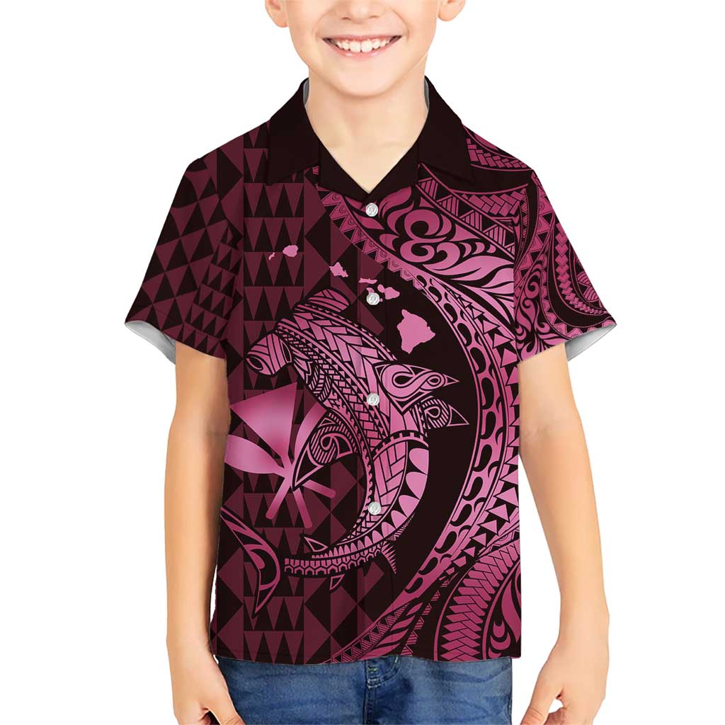 Aloha Hawaii Hammerhead Shark Kid Hawaiian Shirt Pink Kakau and Polynesian Tattoo LT03 Kid Pink - Polynesian Pride
