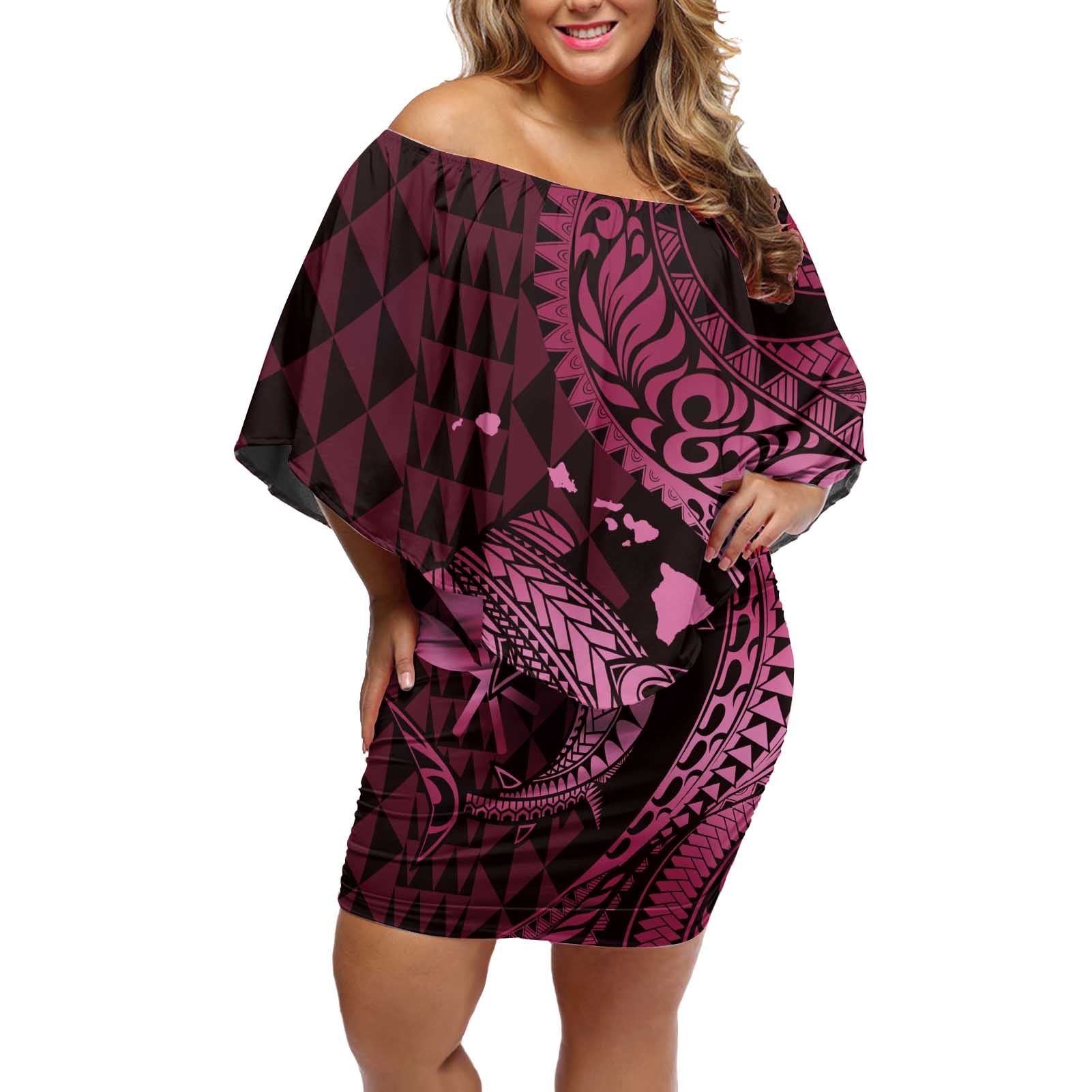 Aloha Hawaii Hammerhead Shark Off Shoulder Short Dress Pink Kakau and Polynesian Tattoo LT03