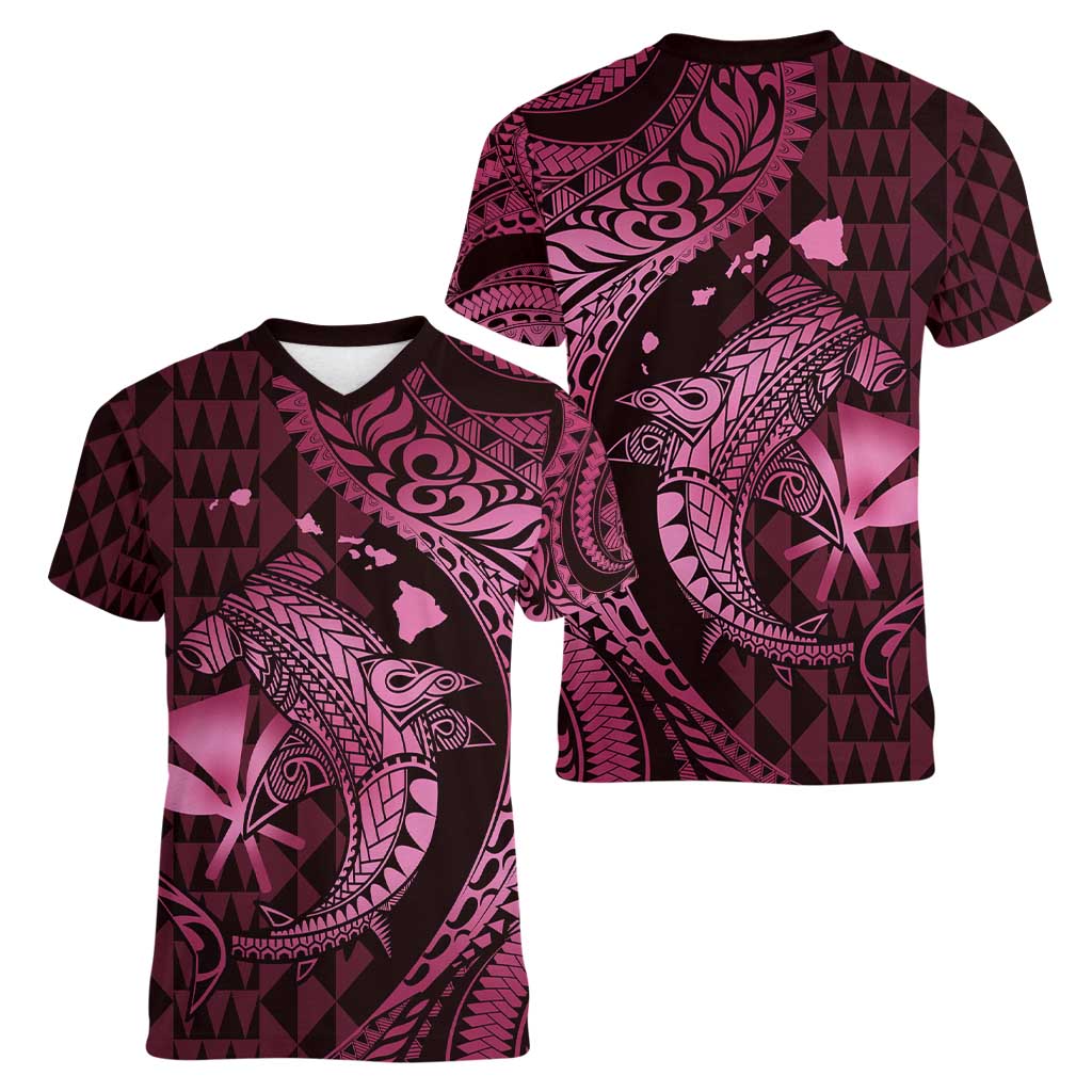 Aloha Hawaii Hammerhead Shark Women V-Neck T-Shirt Pink Kakau and Polynesian Tattoo LT03 - Polynesian Pride