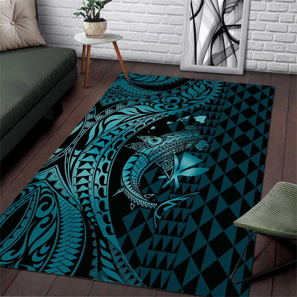 Aloha Hawaii Hammerhead Shark Area Rug Turquoise Kakau and Polynesian Tattoo LT03