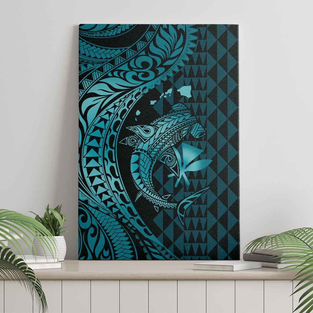 Aloha Hawaii Hammerhead Shark Canvas Wall Art Turquoise Kakau and Polynesian Tattoo LT03