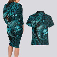 Aloha Hawaii Hammerhead Shark Couples Matching Long Sleeve Bodycon Dress and Hawaiian Shirt Turquoise Kakau and Polynesian Tattoo LT03